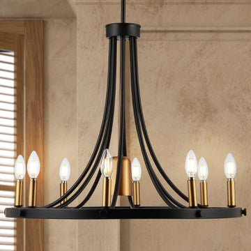 Dante Modern Iron Adjustable Wagon Wheel LED Chandelier with Downlight - JONATHAN Y